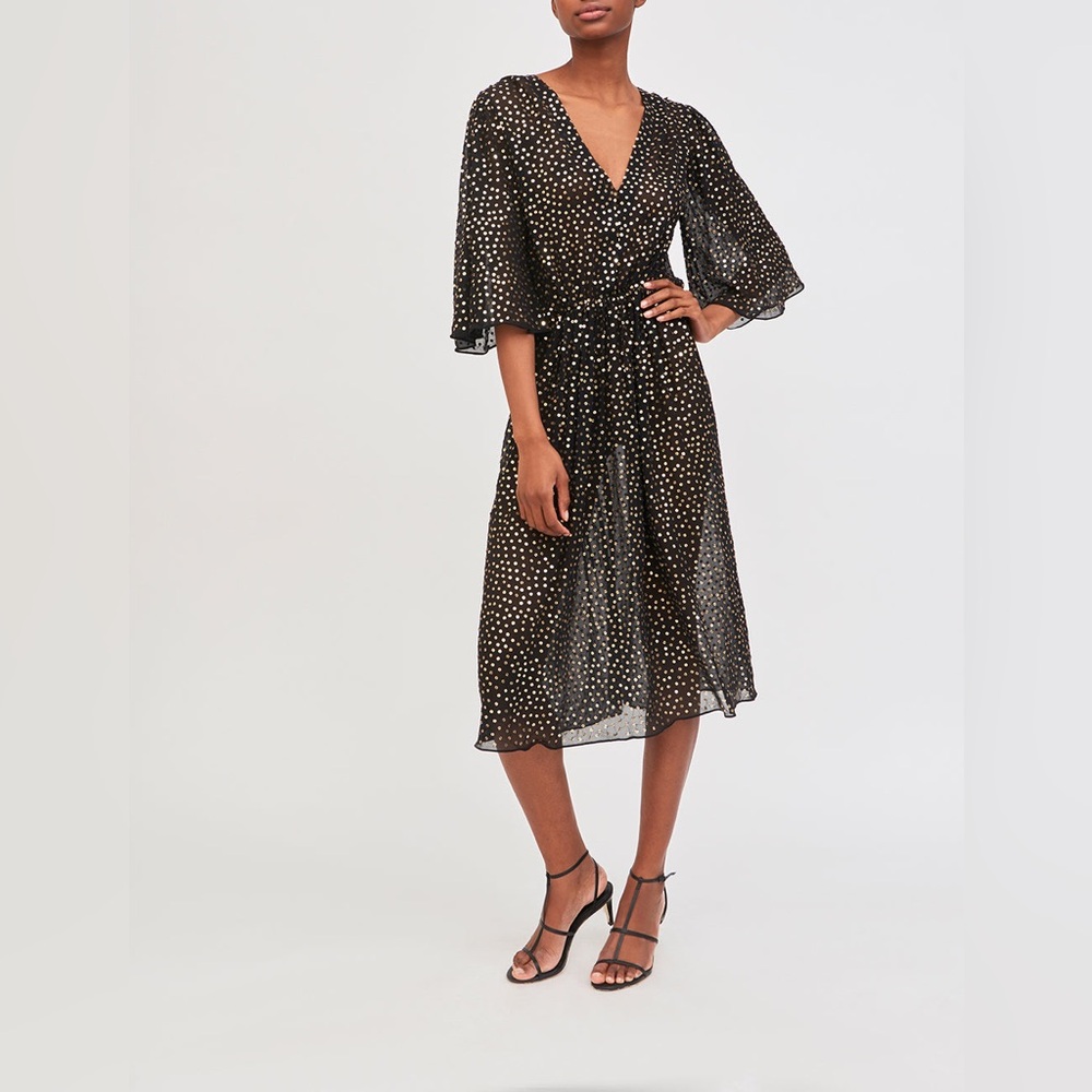 Antik Batik Dona Long Sequin V-Neck Dress Small Gold Black Bohemian Gypsy Anthro